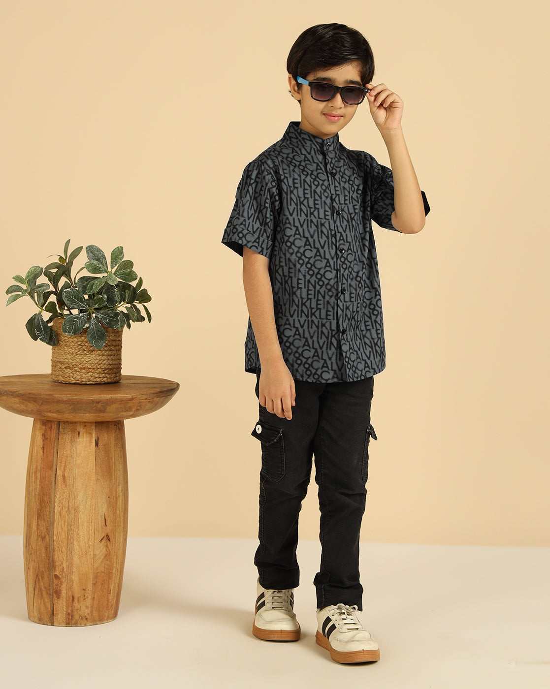 Pure Cotton Grey Alphabetic Printed Boys Shirt