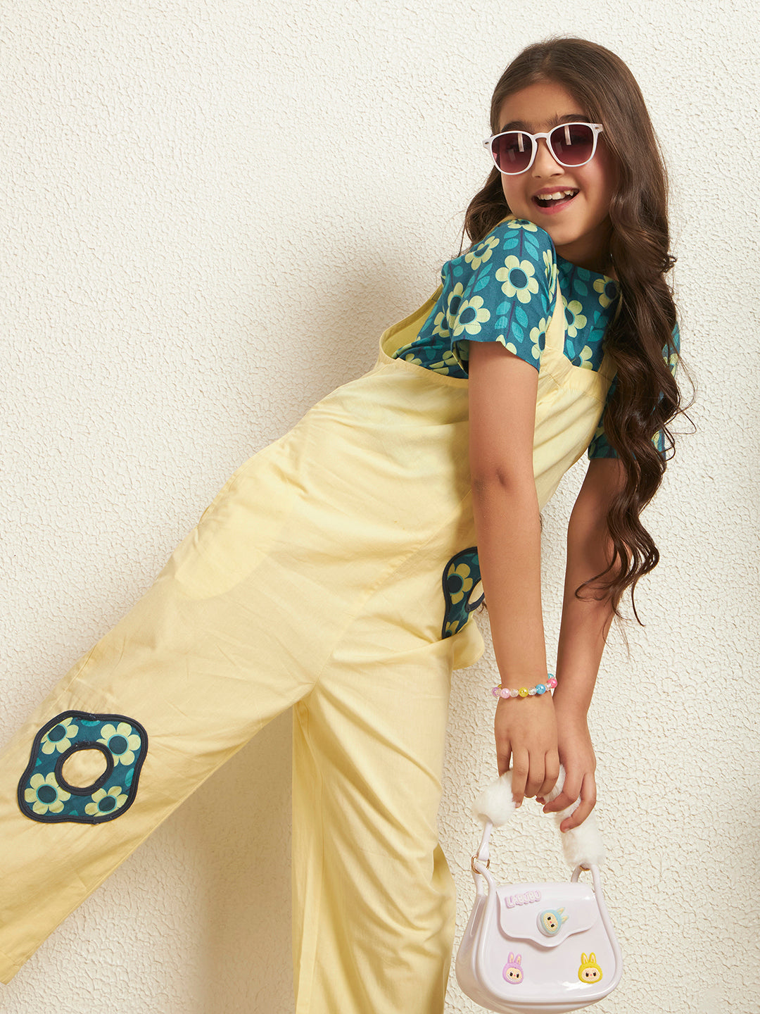 Lemon Yellow Cotton Poplin Floral With Solid Pattern Girl's Jumpsuit Set