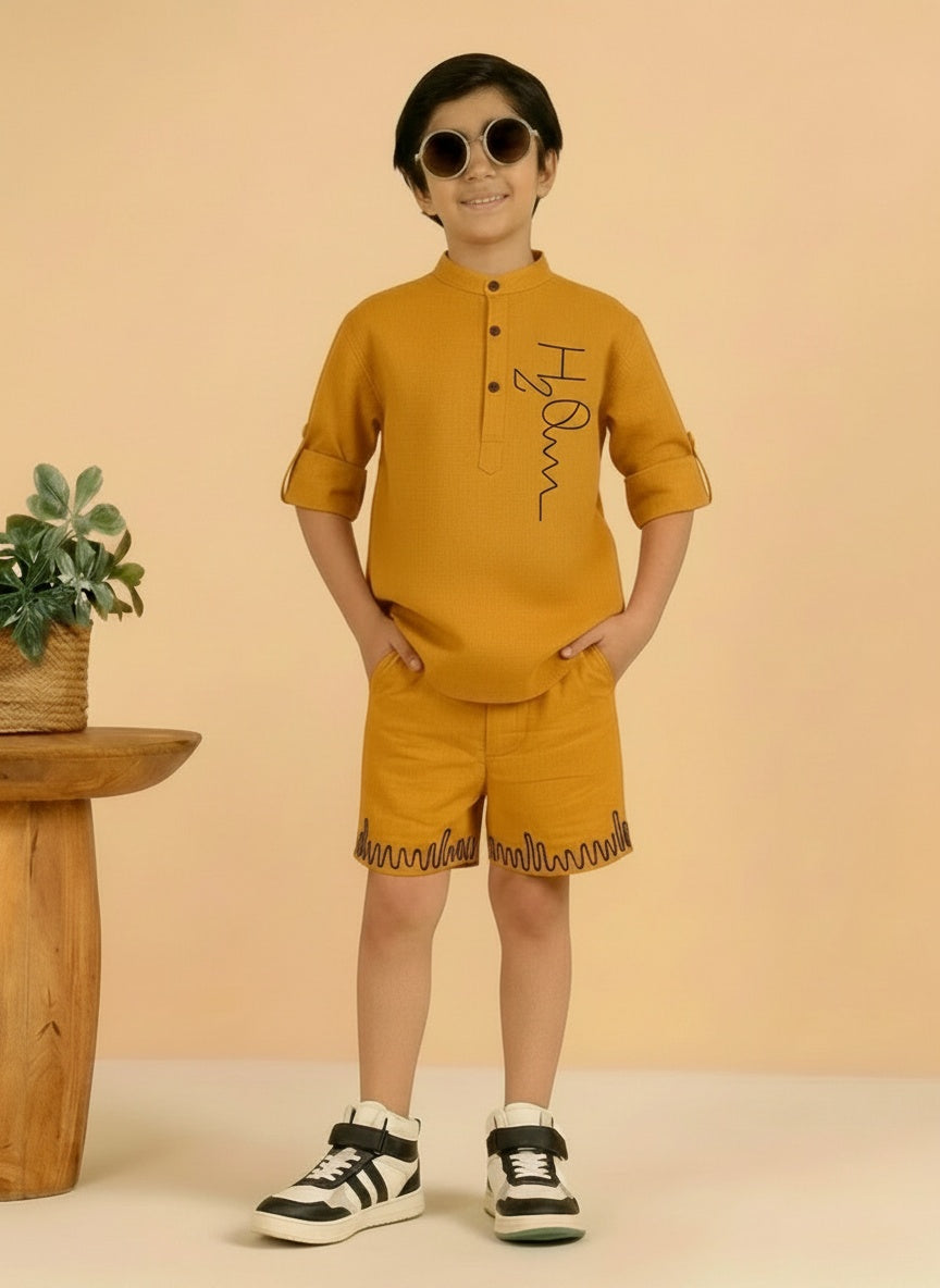 Yellow Cotton Mandarin Collar Embroidered Short Kurta With Short Co-ord Set