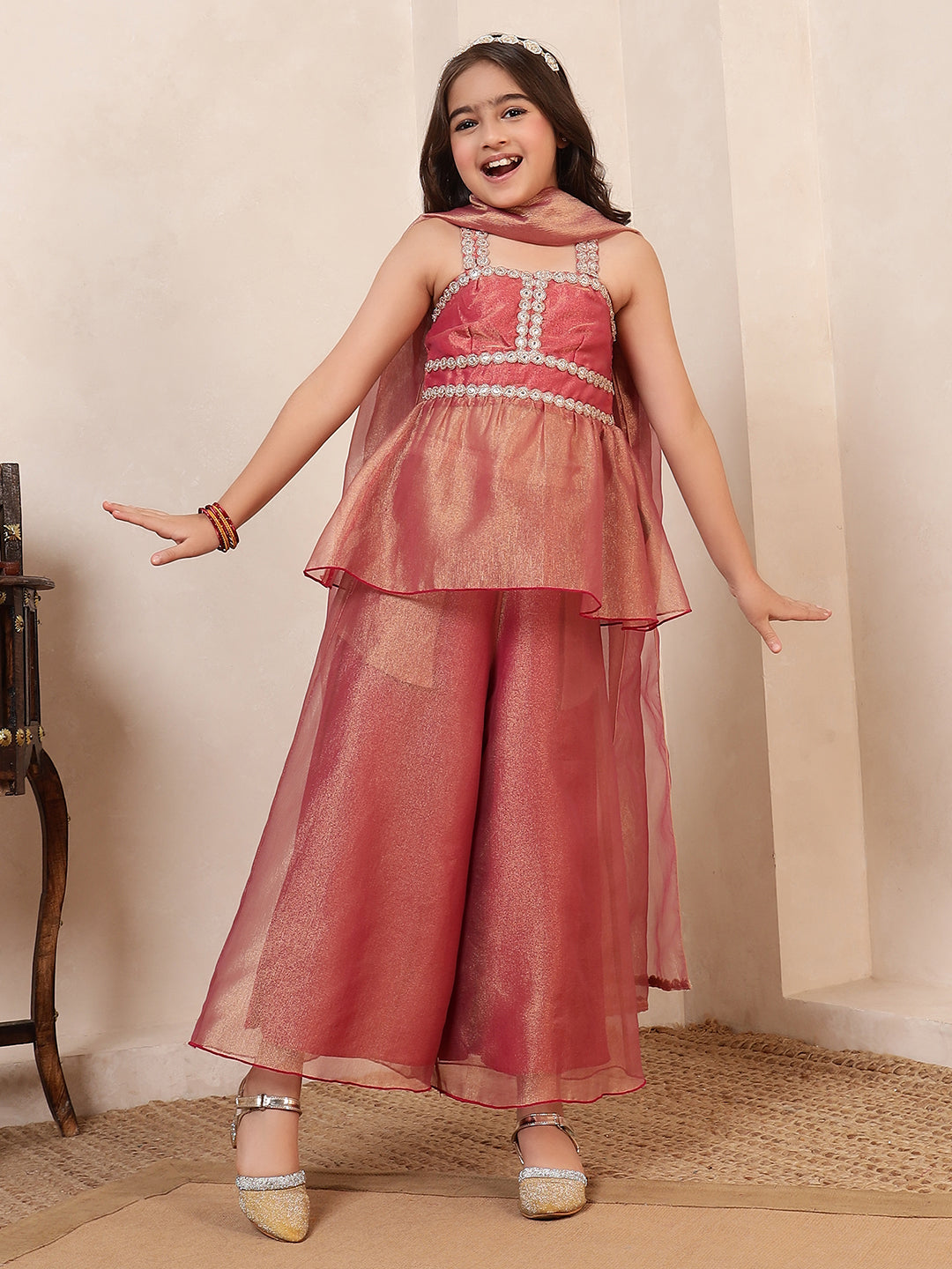 Peplum Top & Palazzos With Dupatta 3 Pieces Fusion Co-Ord Set