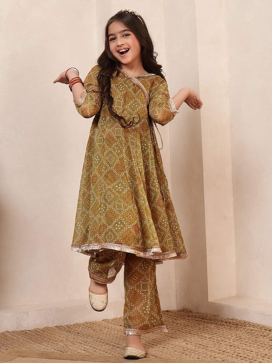 Bandhani Angrakha Style Kurta With Pants Fusion Set