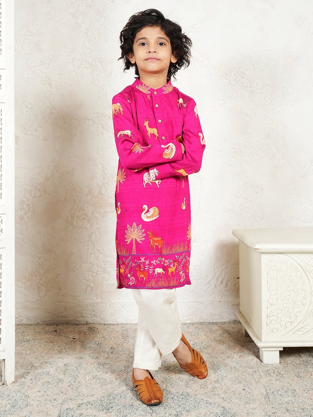 Animal Print Magenta Kurta For Boys