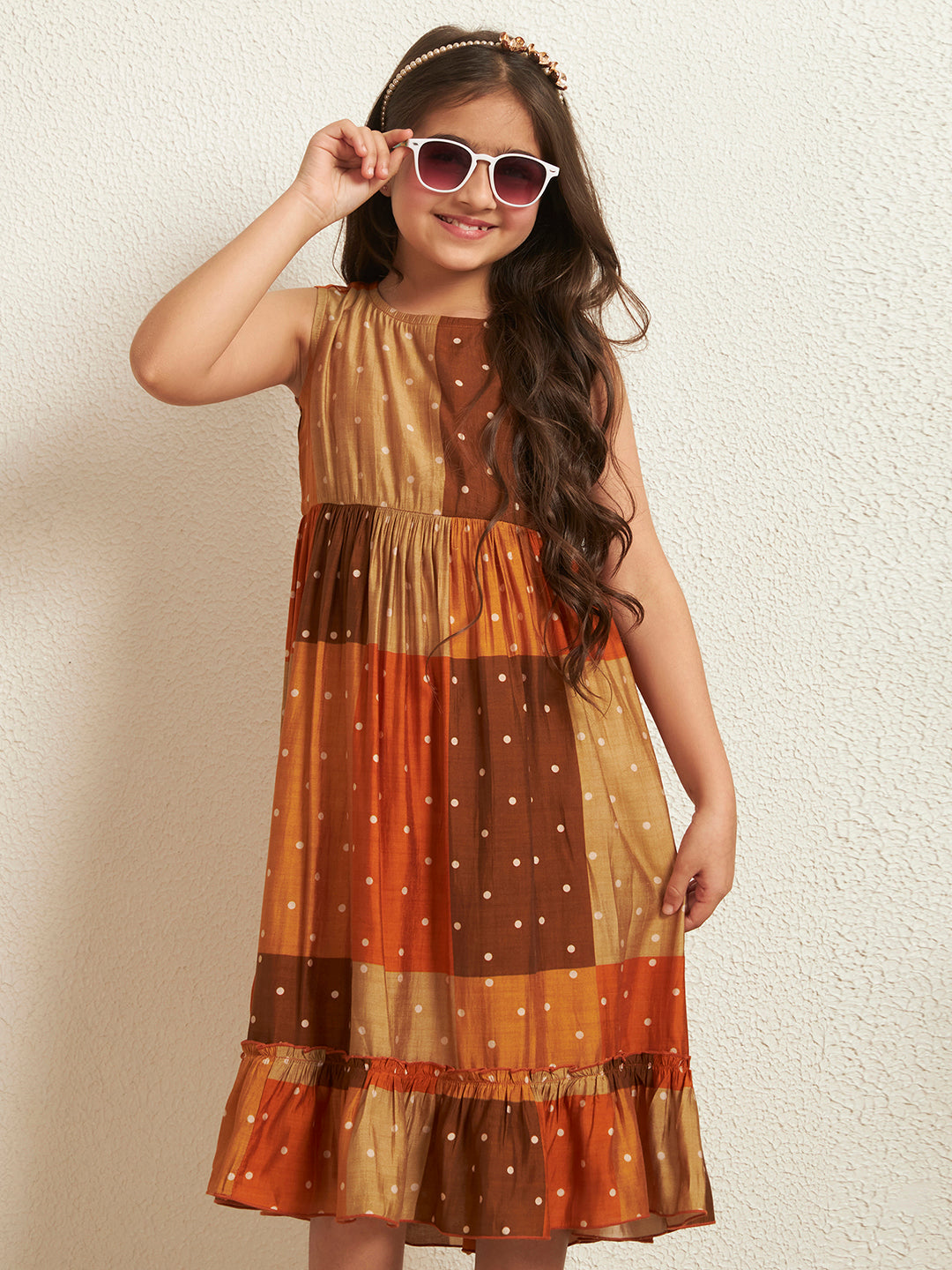 Girl's Multi Color Modal Chanderi Patch Print Tiered Dress