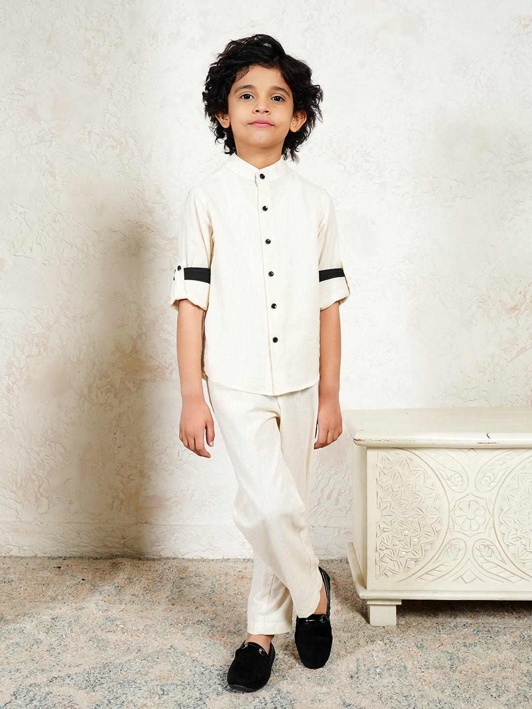 Off White Pure Cotton Flex Co-Ord Set For Boys