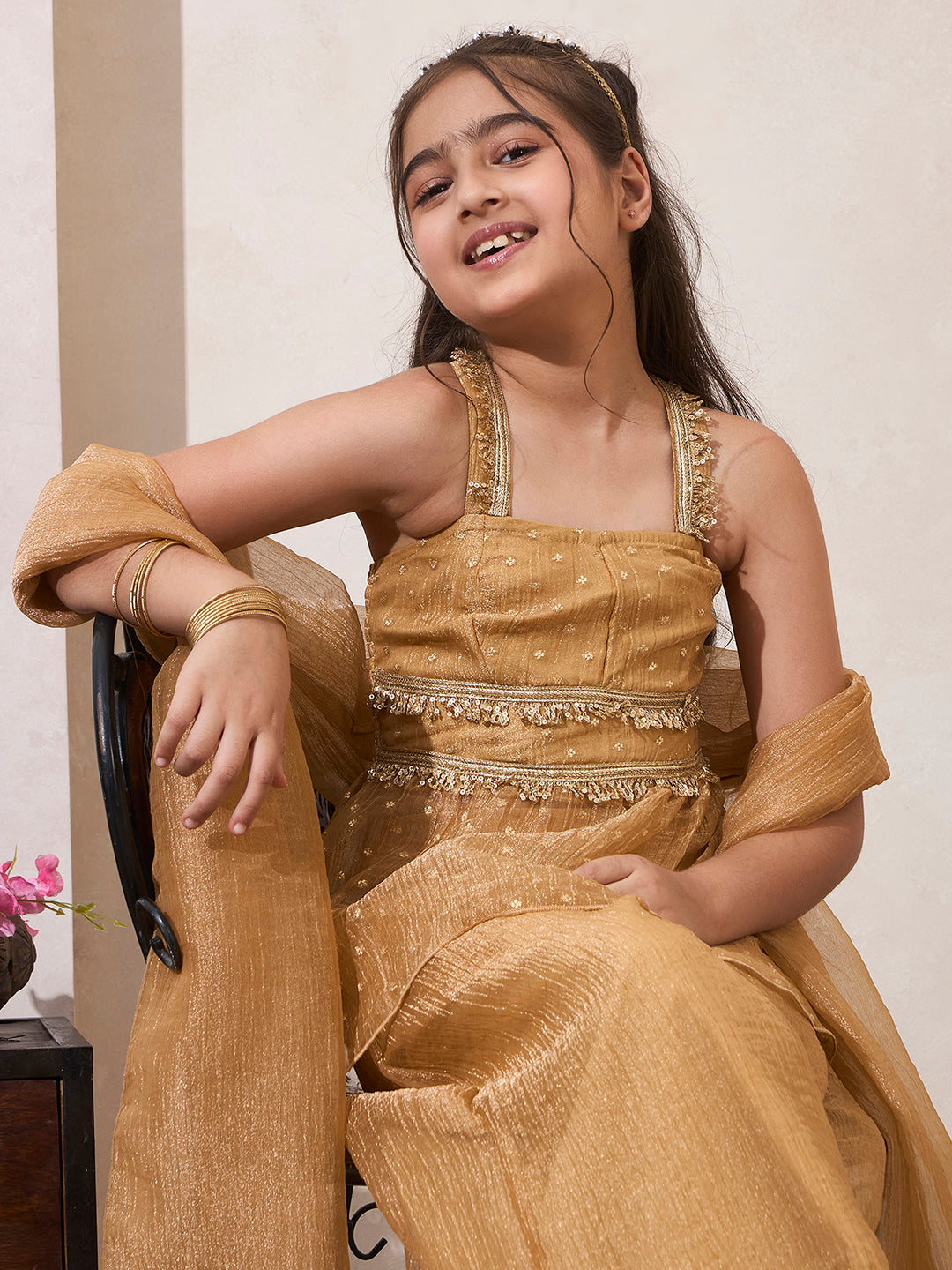 Golden Shimmer Butti Work Peplum Top & Palazzo With Dupatta