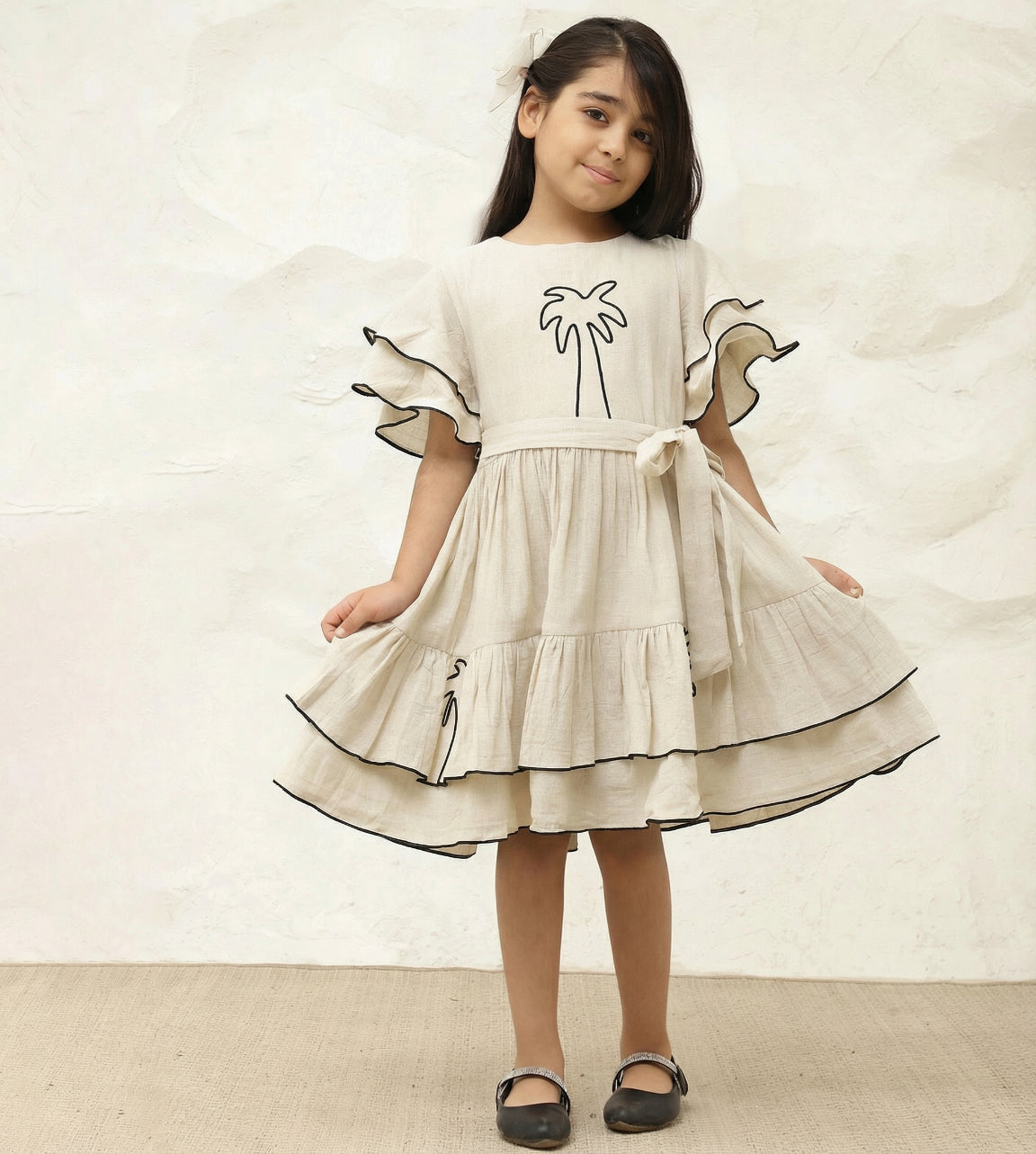 Embroidered Palm Motif Pure Cotton Gauze Dress For Girls