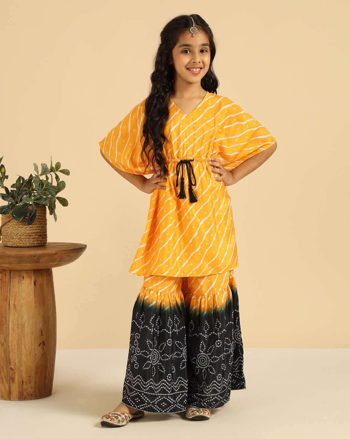 Yellow Striped Kaftan With Sharara Indo Western Girls Co-Ord Set