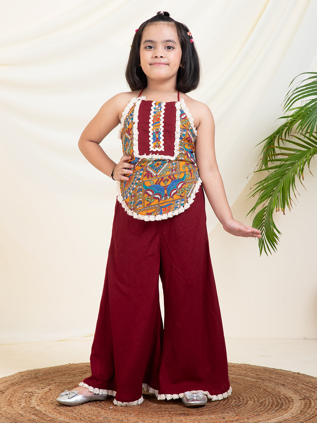 Abstract Print Adjustable Halter Neck Top With Solid Palazzo