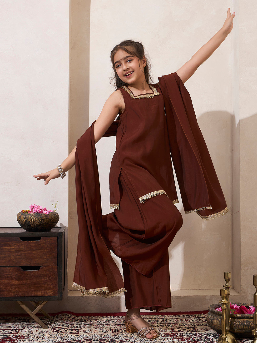 Girls Dark Copper Brown Short Kurti Palazzo Dupatta Set