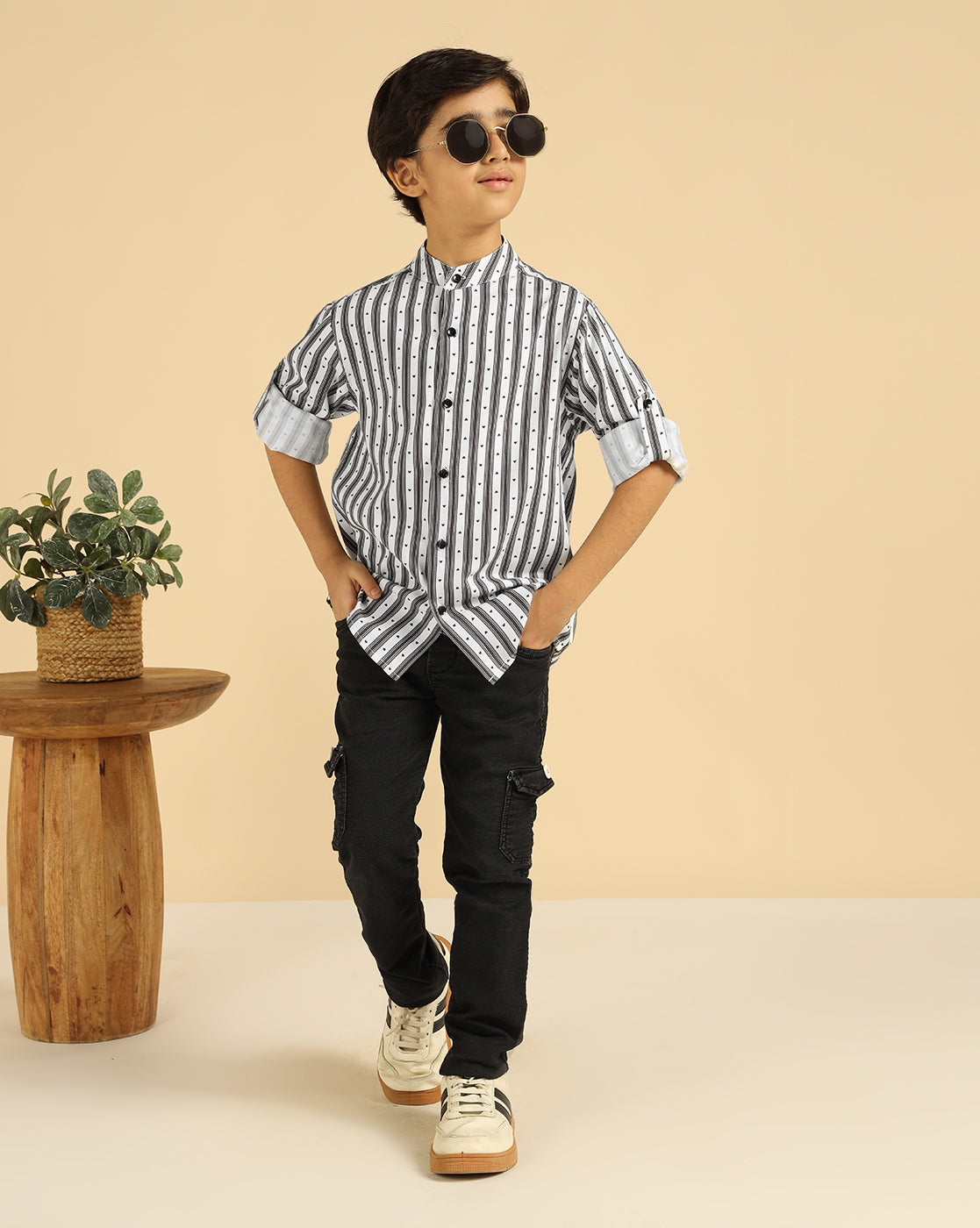 Black Striped Heart Printed Boys Shirt