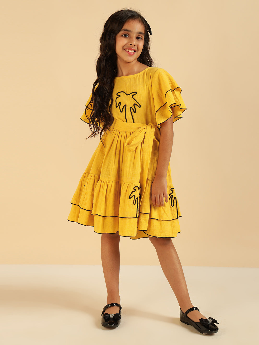 Yellow Embroidered Palm Motif Pure Cotton Gauze Girls Dress