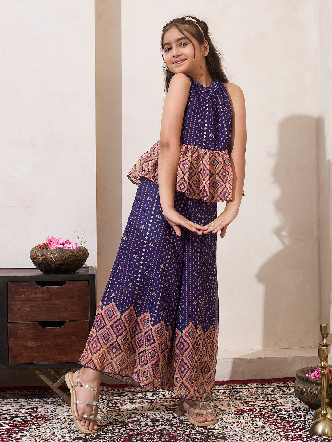 Girl's Purple B&hani Print Chiffon Peplum Top & Palazzo Set