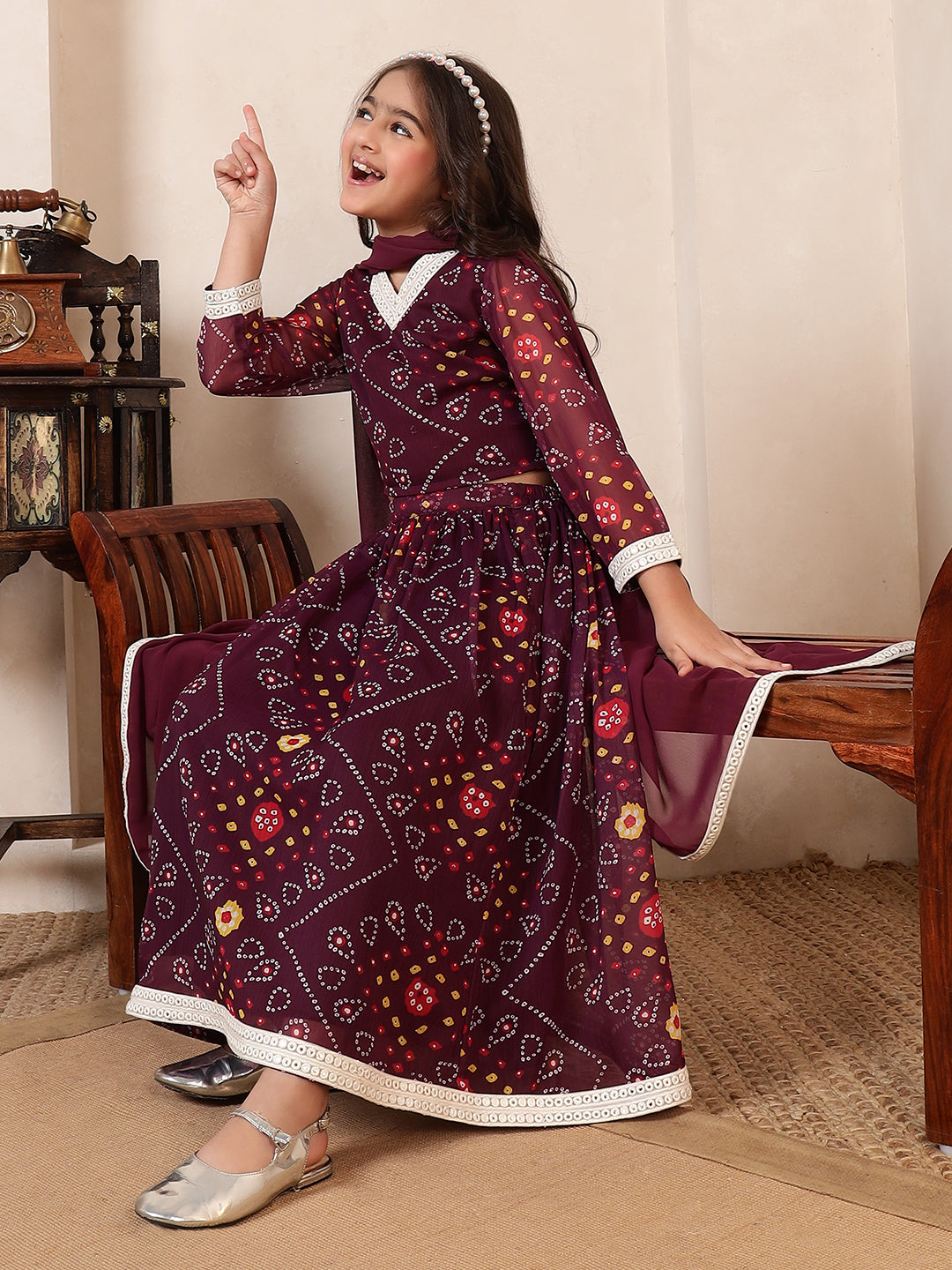 Wine Bandhani 3 Pieces Co-Ord Set