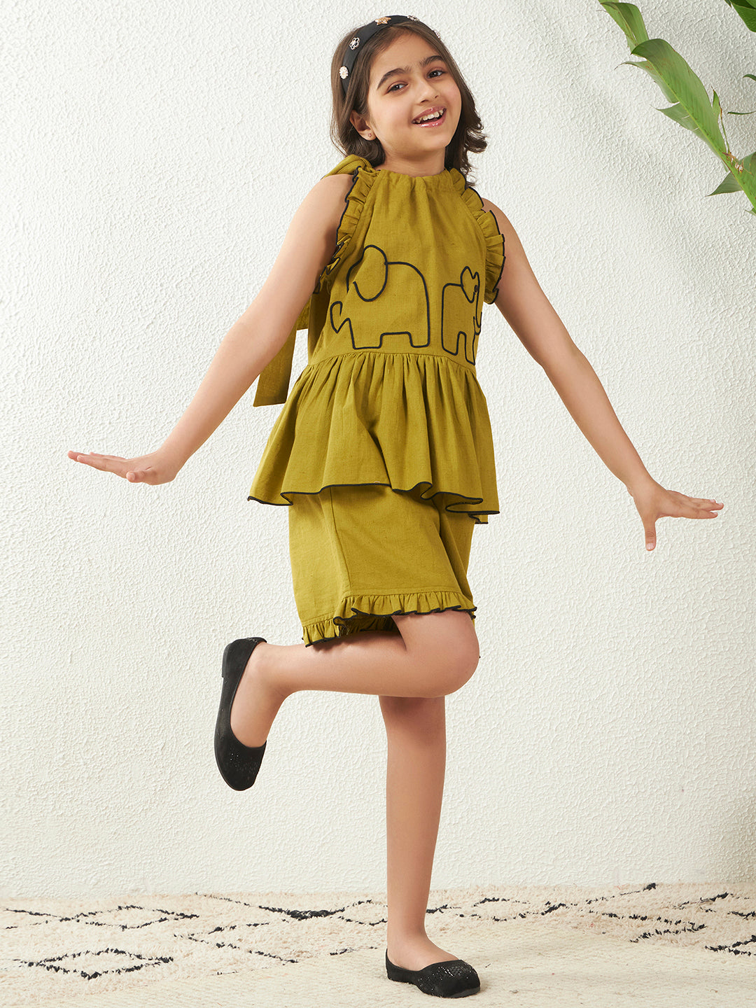 Olive Green Cotton Flex Halter Neck Top & Shorts