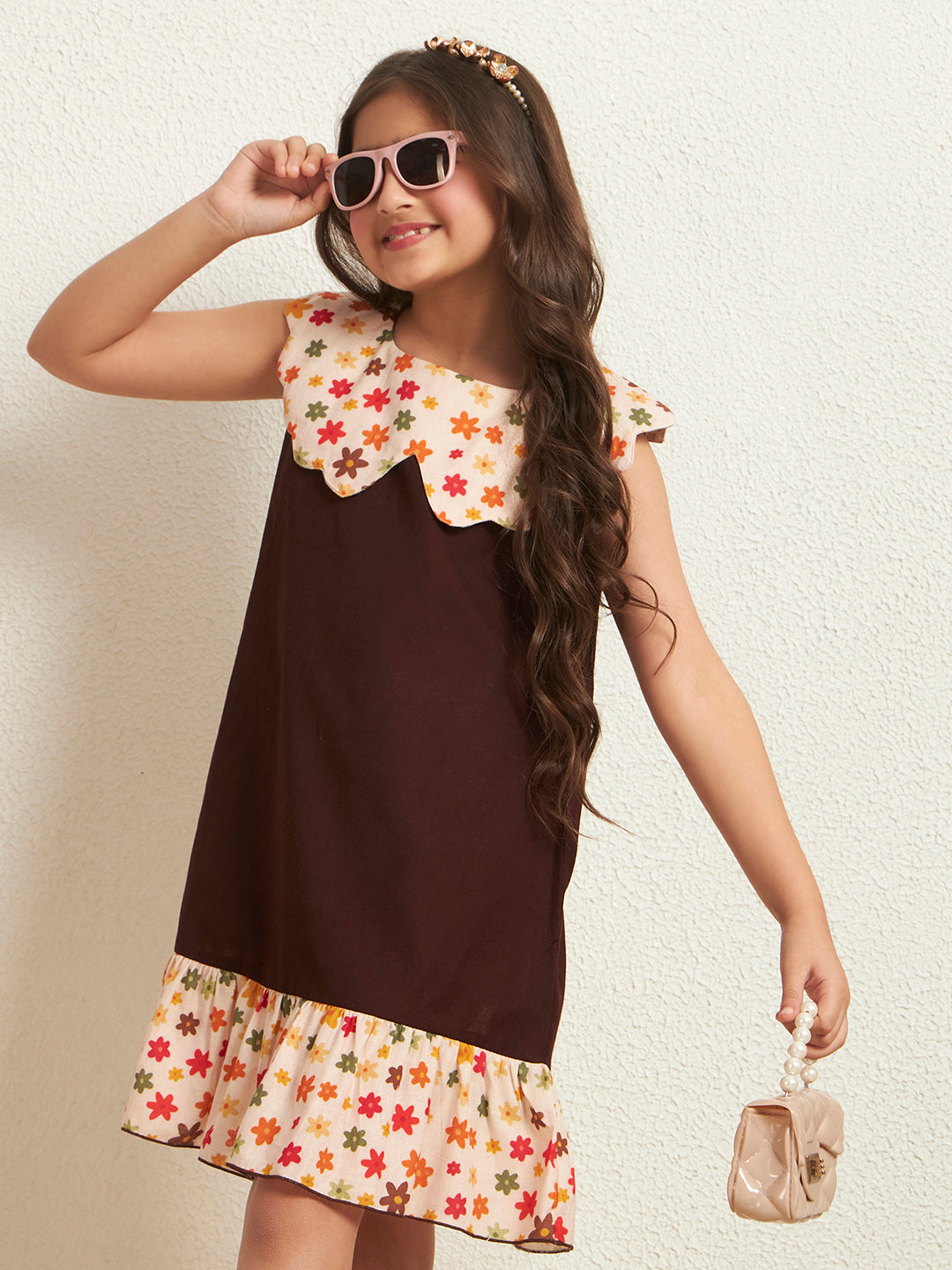 Girl's Brown Cotton Flex Solid With Floral Print A-Line Dress