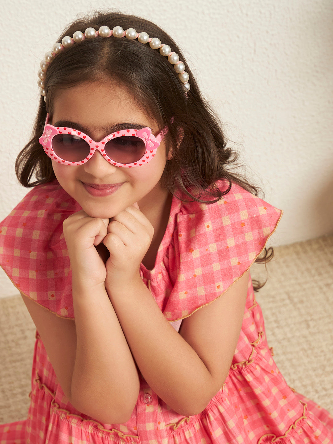 Girl's Carrot Pink Cotton Flex Check Print Shirt Style Tiered Dress