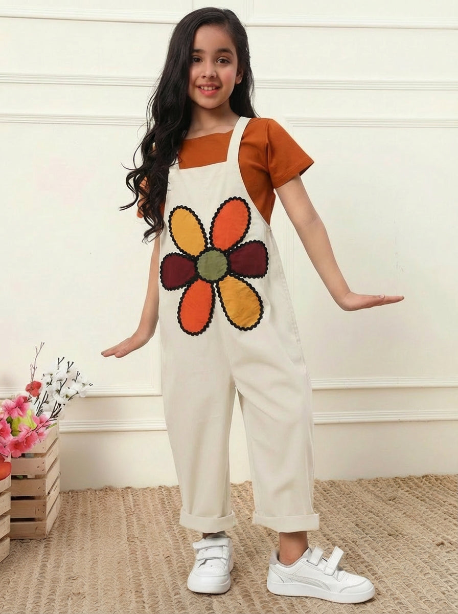 Off White Big Flower Patch Girls' Jumpsuit (T-shirt not included)