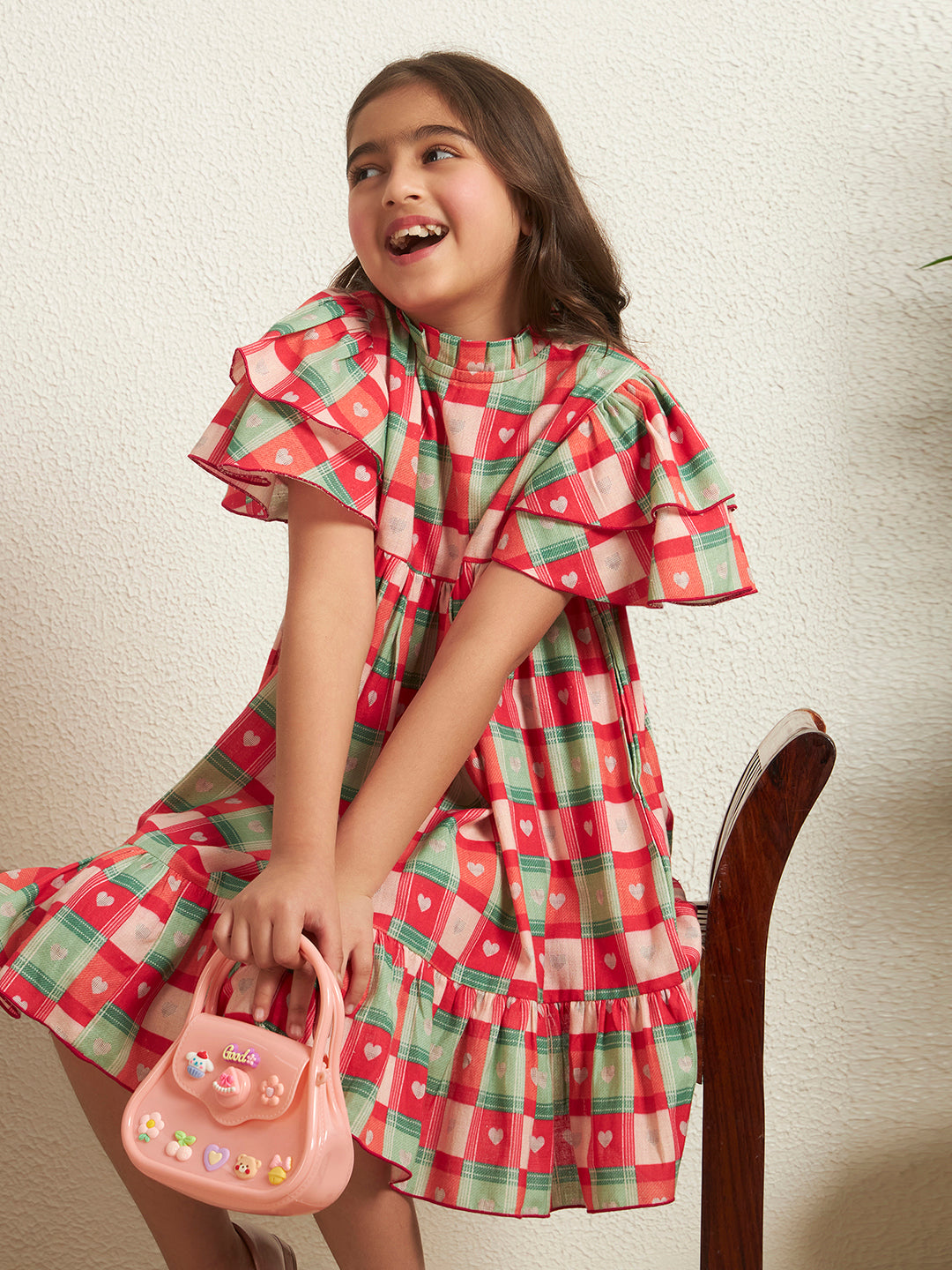 Girl's Multi Color Cotton Flex Check Print Knee Length Dress