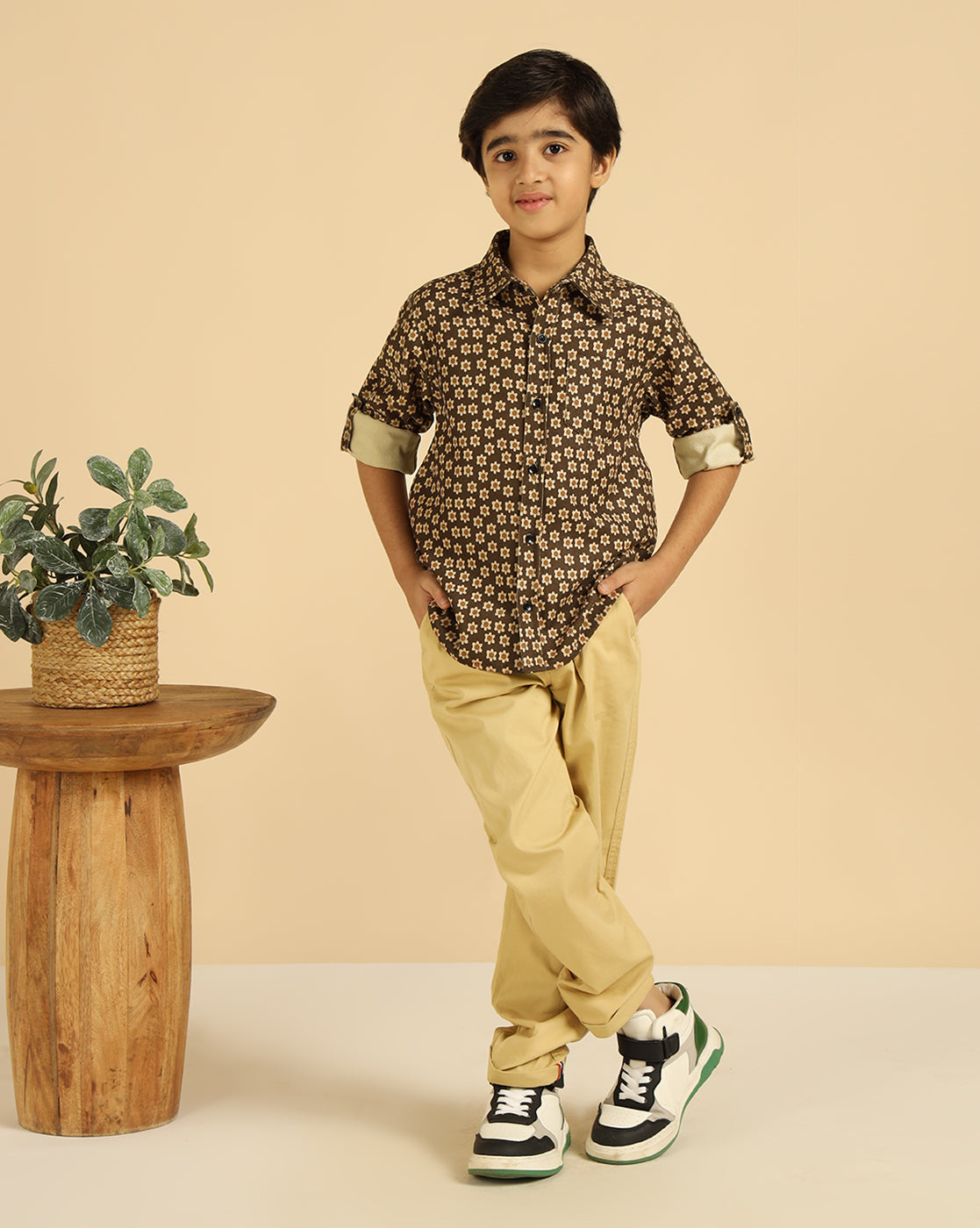 Pure Cotton Corduroy Brown Floral Boys Shirt