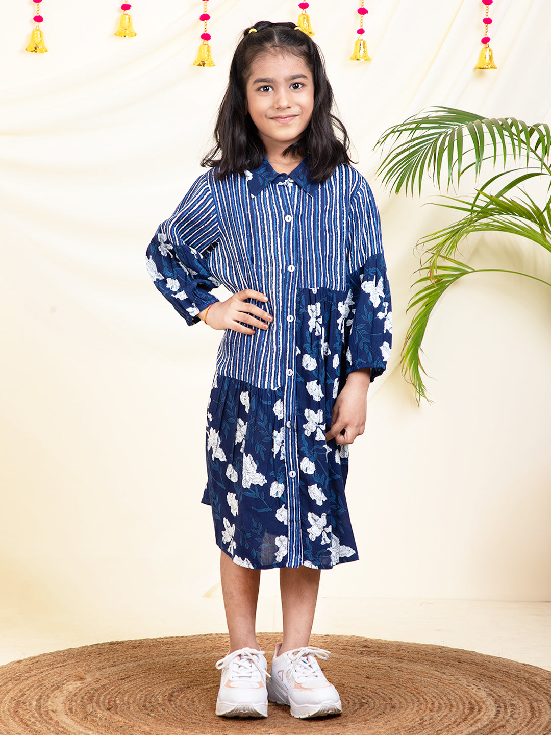 Indigo Printed Gathered Girls Shirt Dress