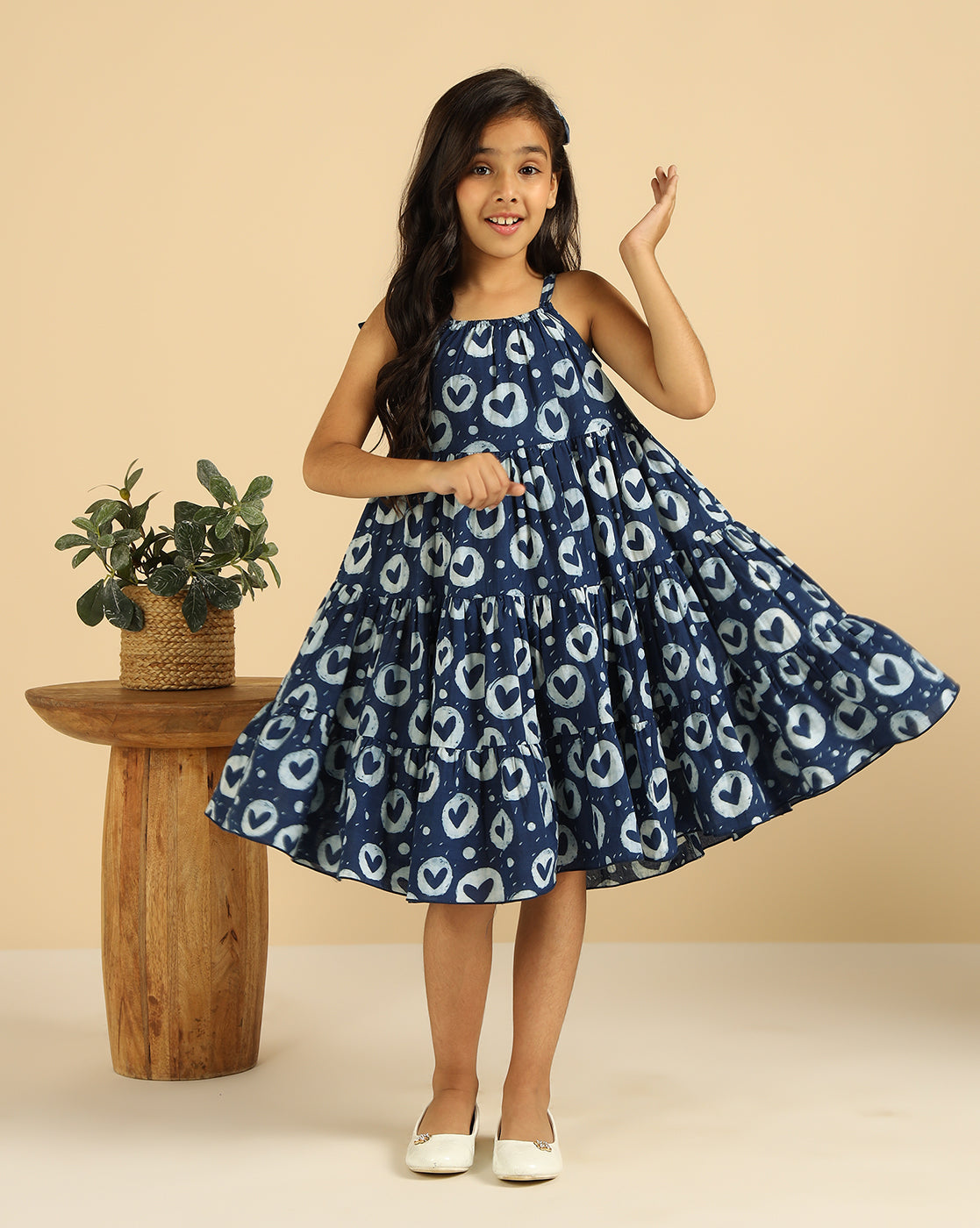 Pure Cotton Heart Print Tiered Girls Dress