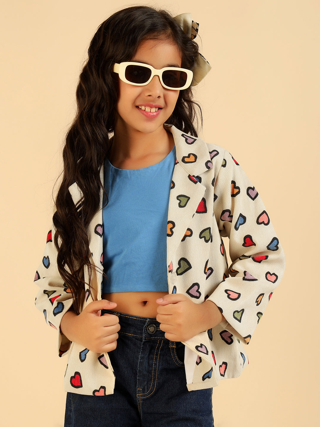 Girl Full Sleeves MultiColor Heart Print Blazer