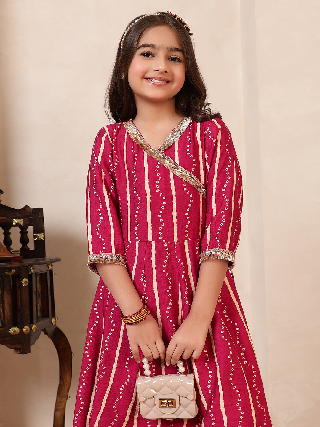 Angrakha Style Bandhani Kurta With Pants Set