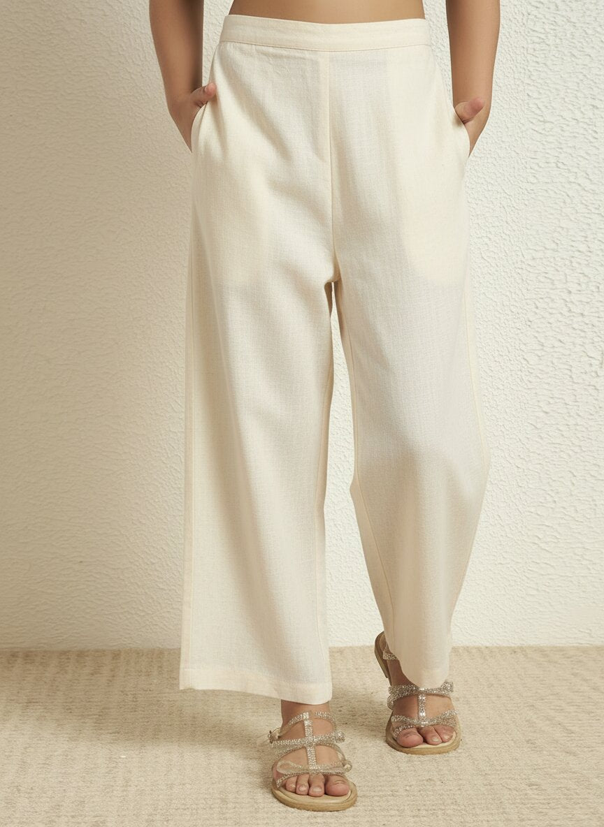 Girls Off White Cotton Blazer With Pant Co-Ord Set