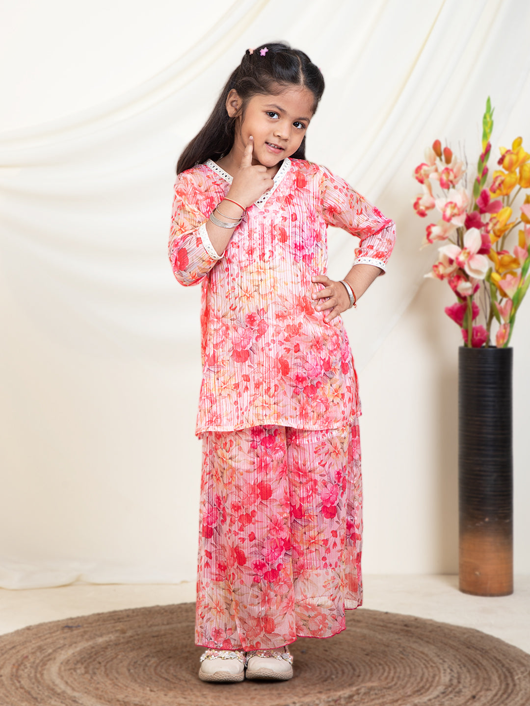 Floral Print Kurti & Palazzos With Inner Top