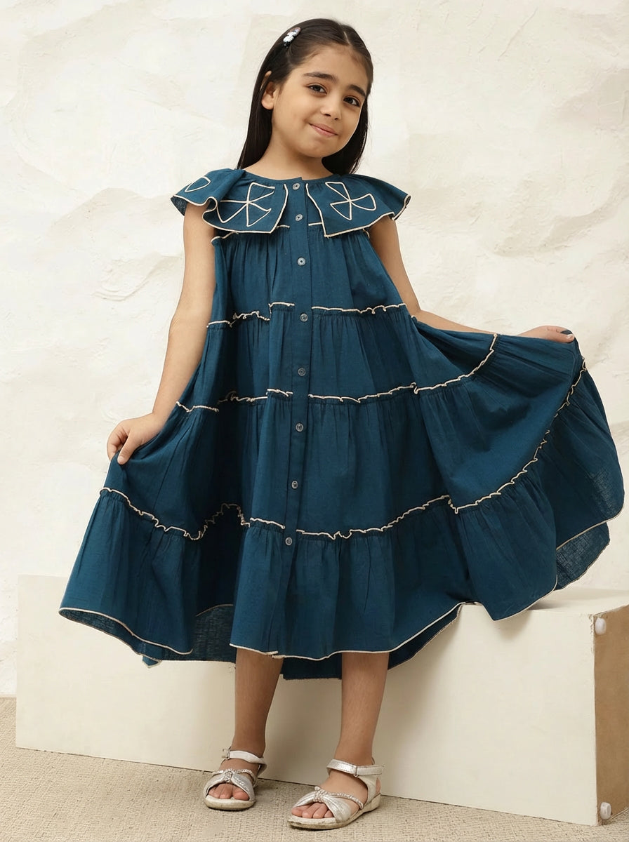 Pure Cotton Teal Embroidered Tiered Dress