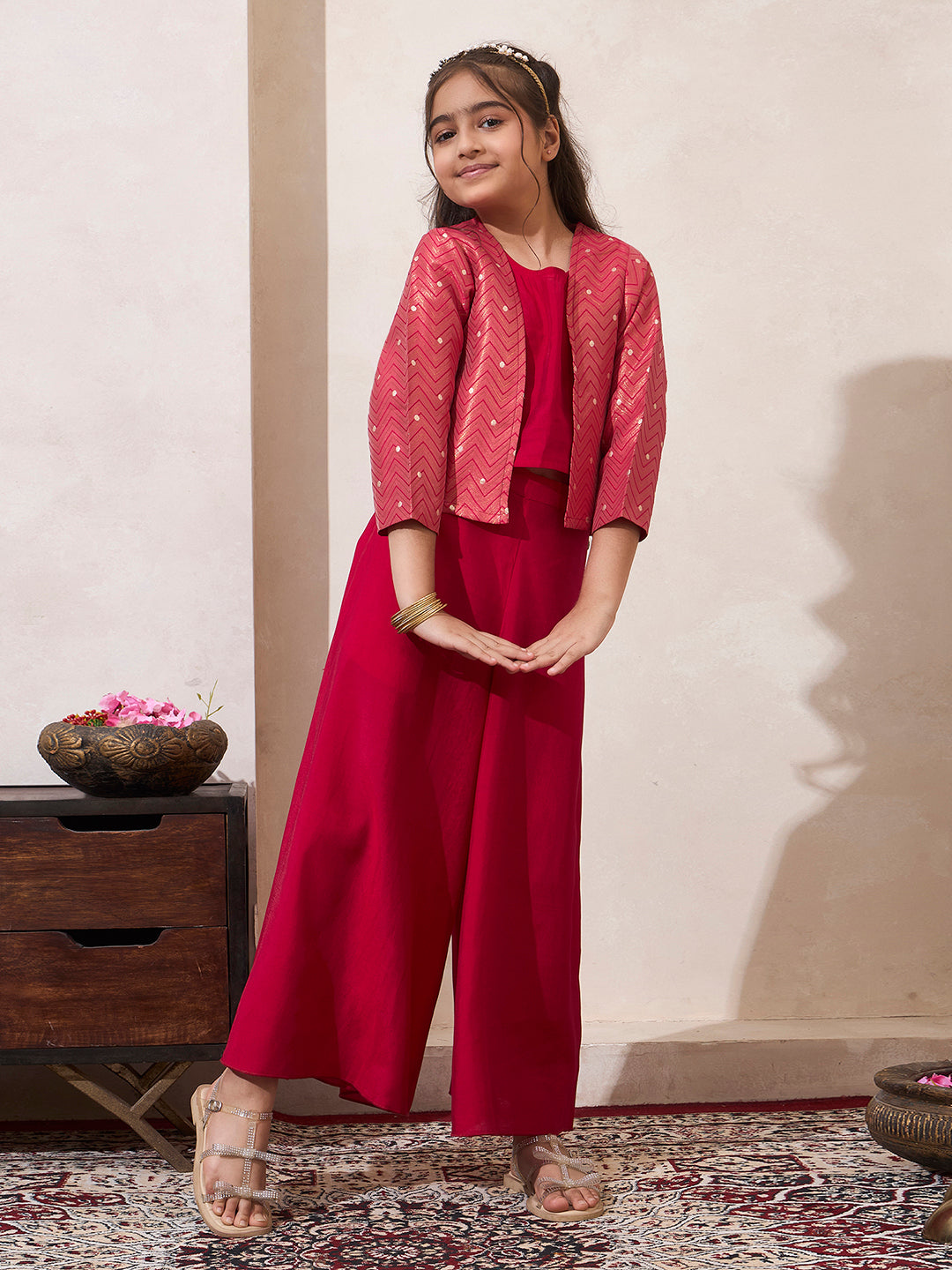 Zig-Zag Print Shrug With Top & Palazzo
