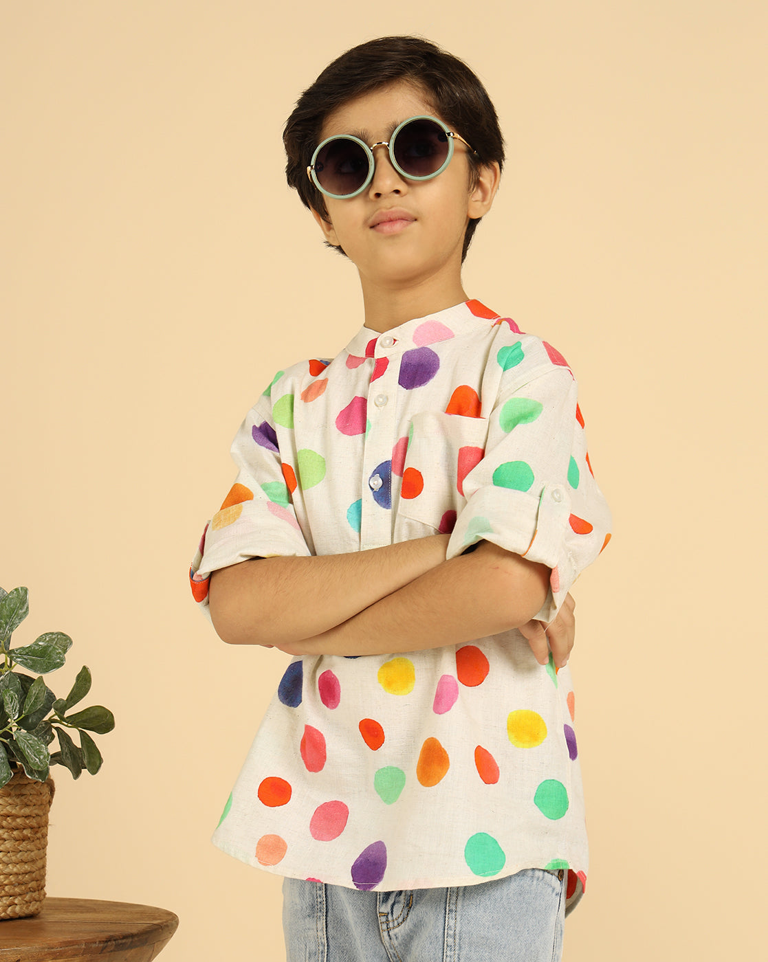Pure Cotton Multi Color Polka Printed Boys Kurta
