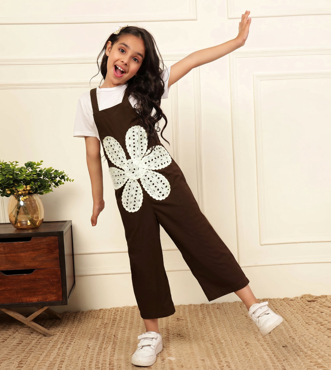 Brown Big Flower Patch Girls' Jumpsuit (T-shirt not included)