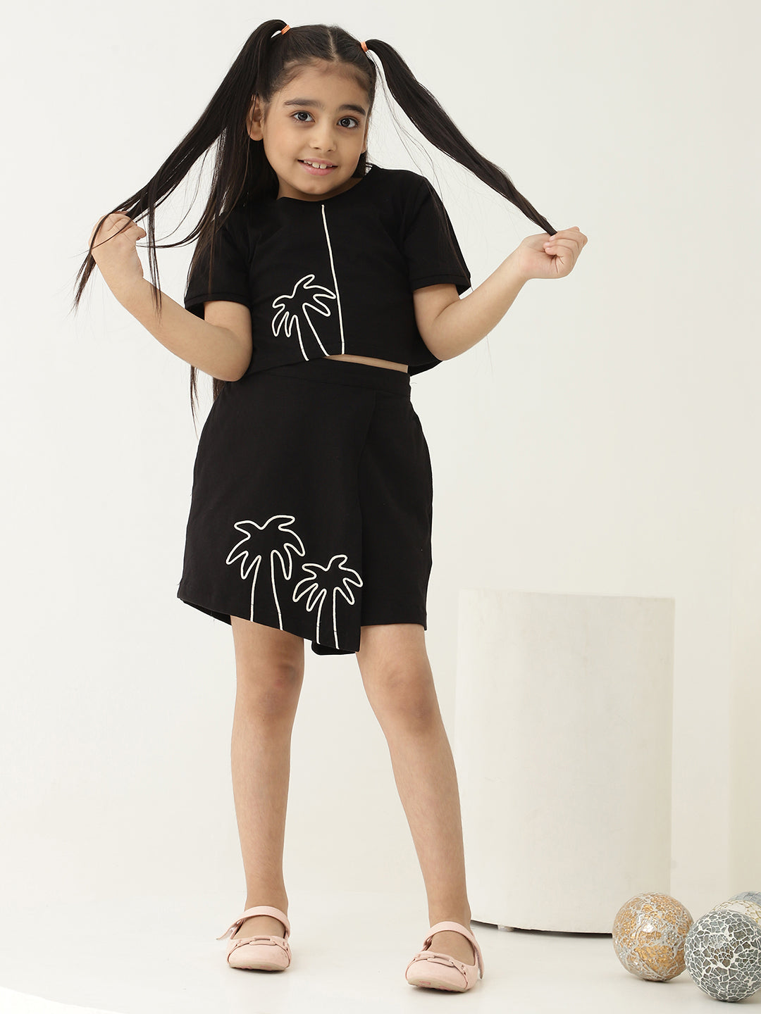 Black Pure Cotton Knit Crop Top & Skort Set