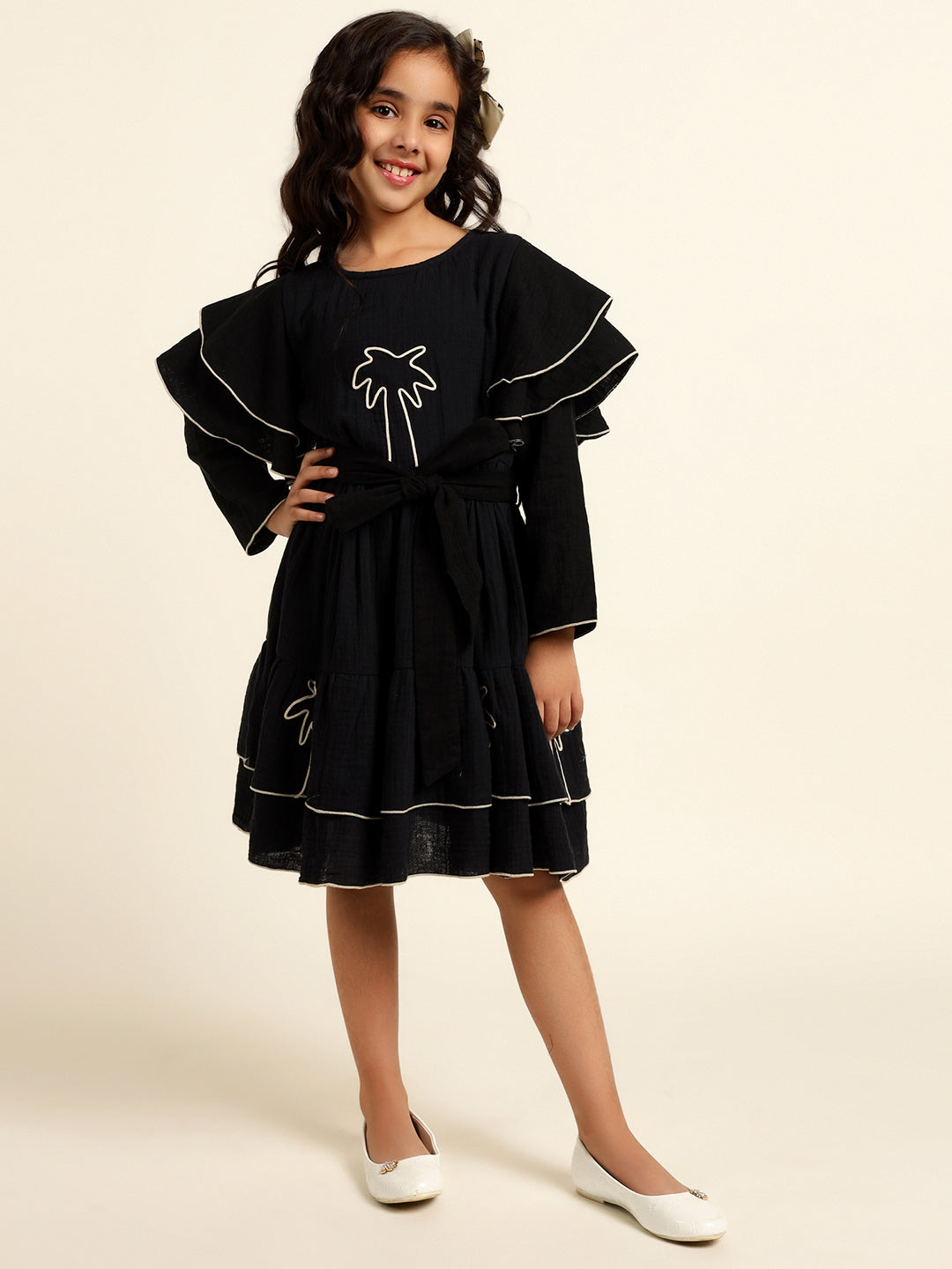 Black Embroidered Palm Motif Pure Cotton Dress For Girl