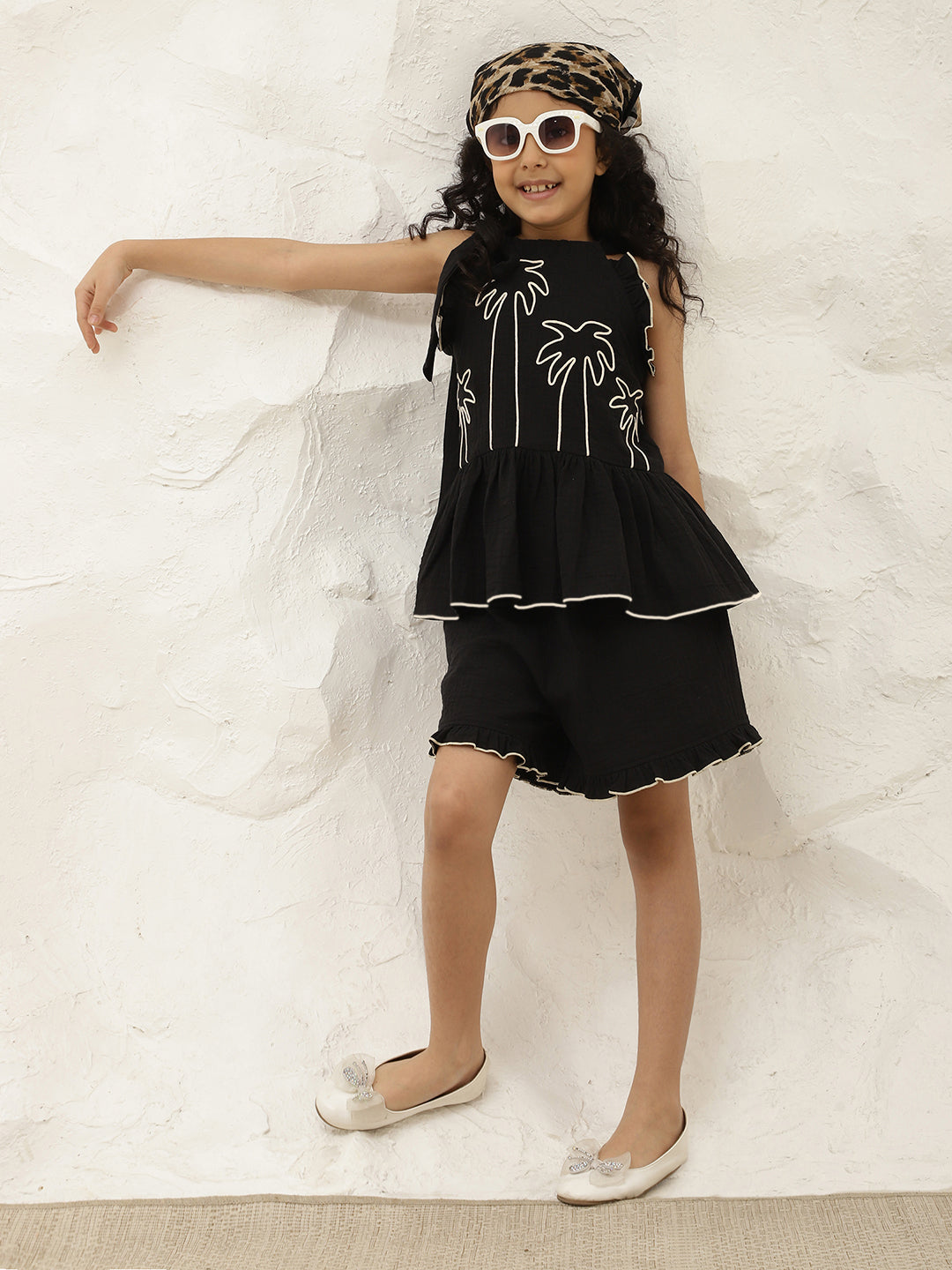 Black Pure Cotton Halter Neck Peplum Top & Shorts