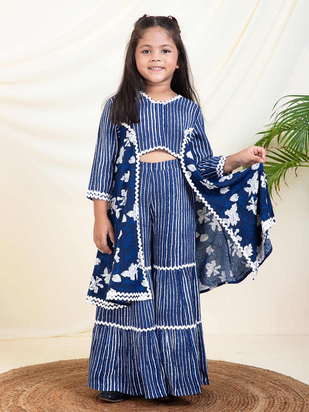 Stripes Print Top With Sharara & Floral Shrug