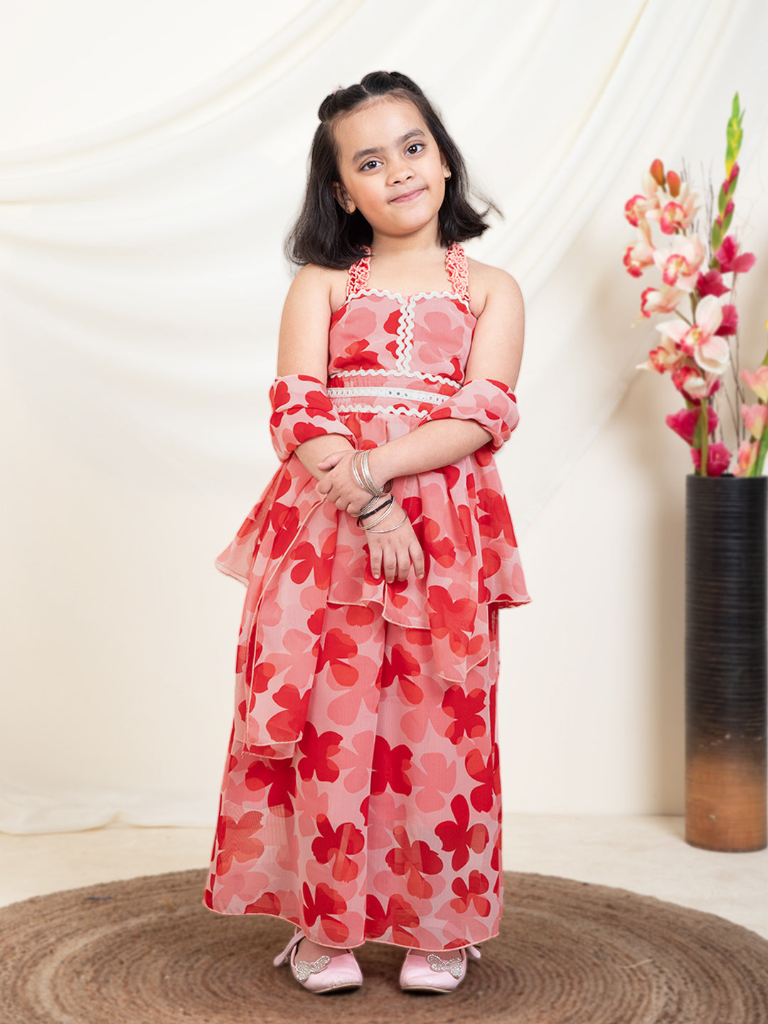 Floral Print Peplum Top & Circular Palazzos With Dupatta