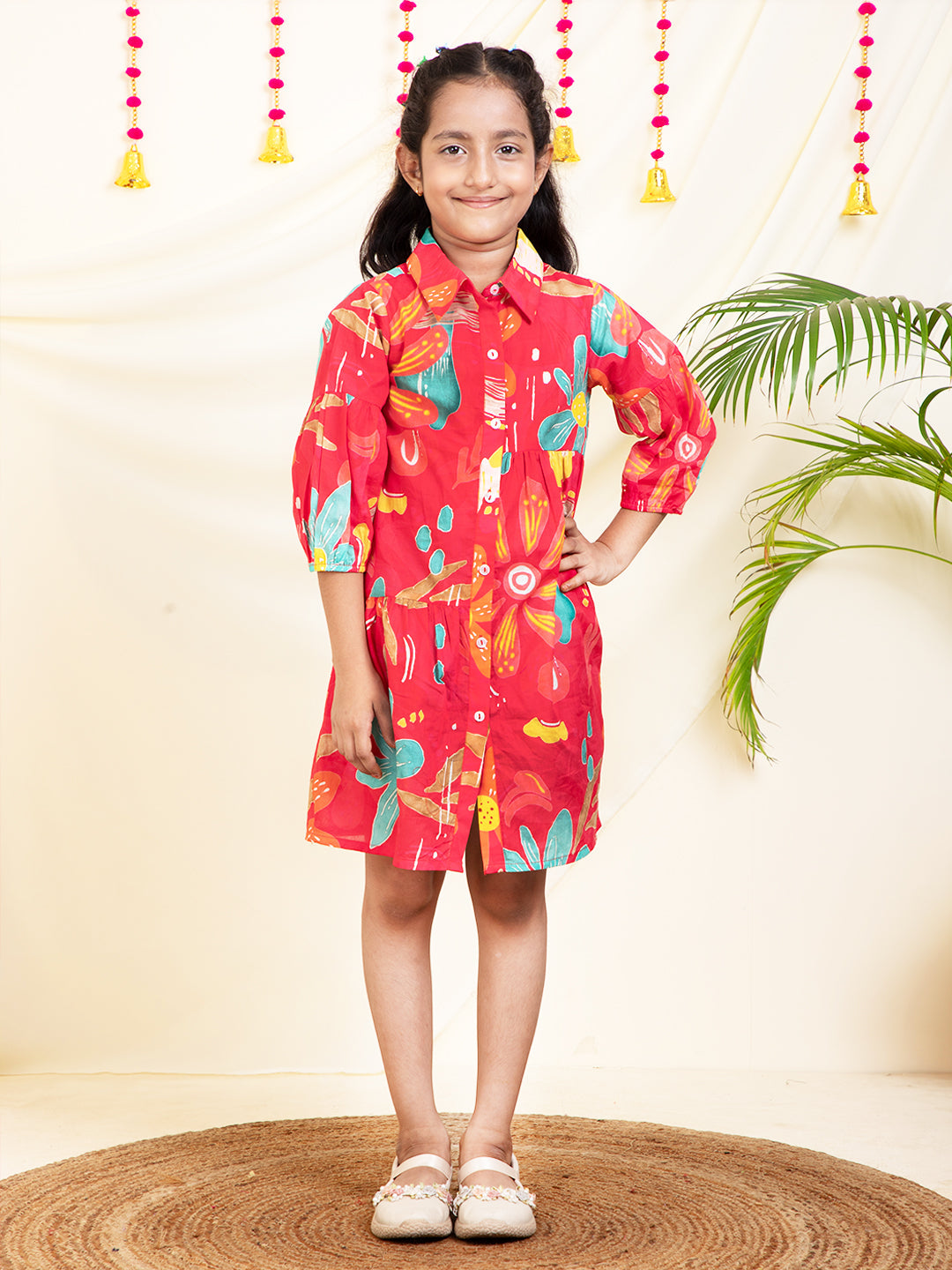 Floral Printed Gathered Girls Shirt Dress