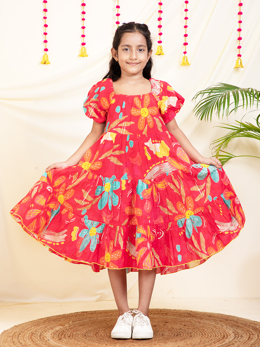 Leaf Printed Tiered Girls Dress