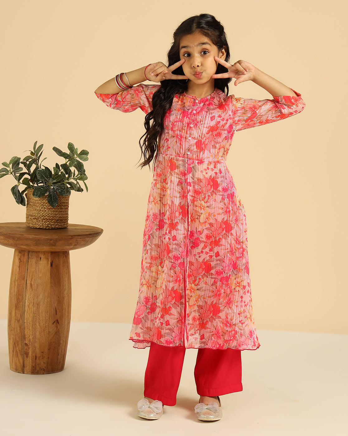 Magenta Floral Indo Western Girls Co-Ord Set