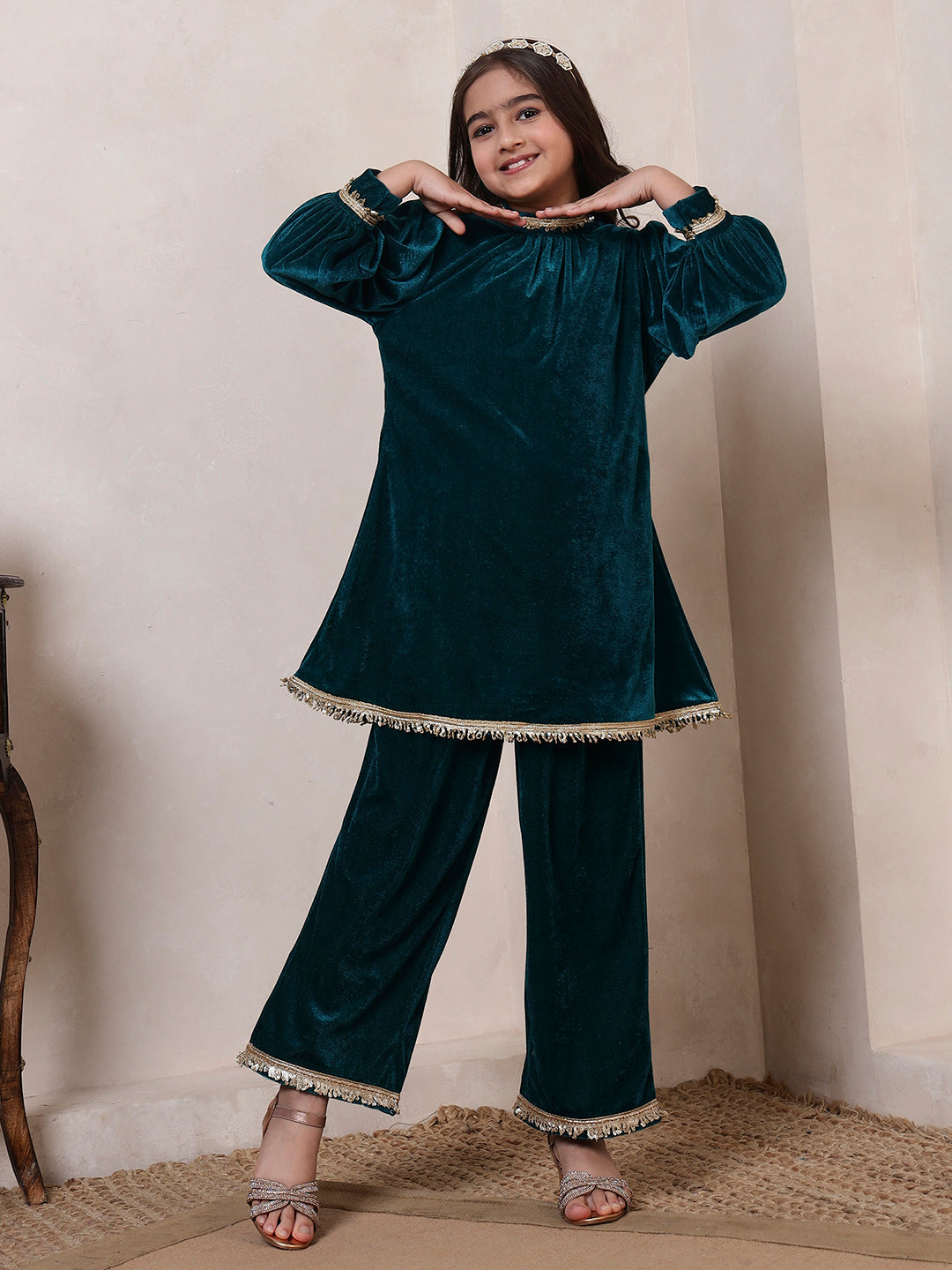Velvet Band Collar Neck Style Kurta Set