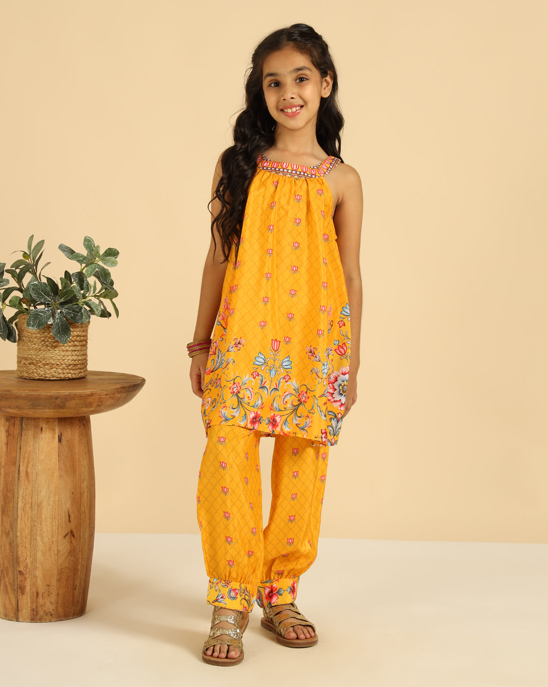 Yellow Halter Neck Top With Gathered Pant Indo Western Girls Co-Ord Set