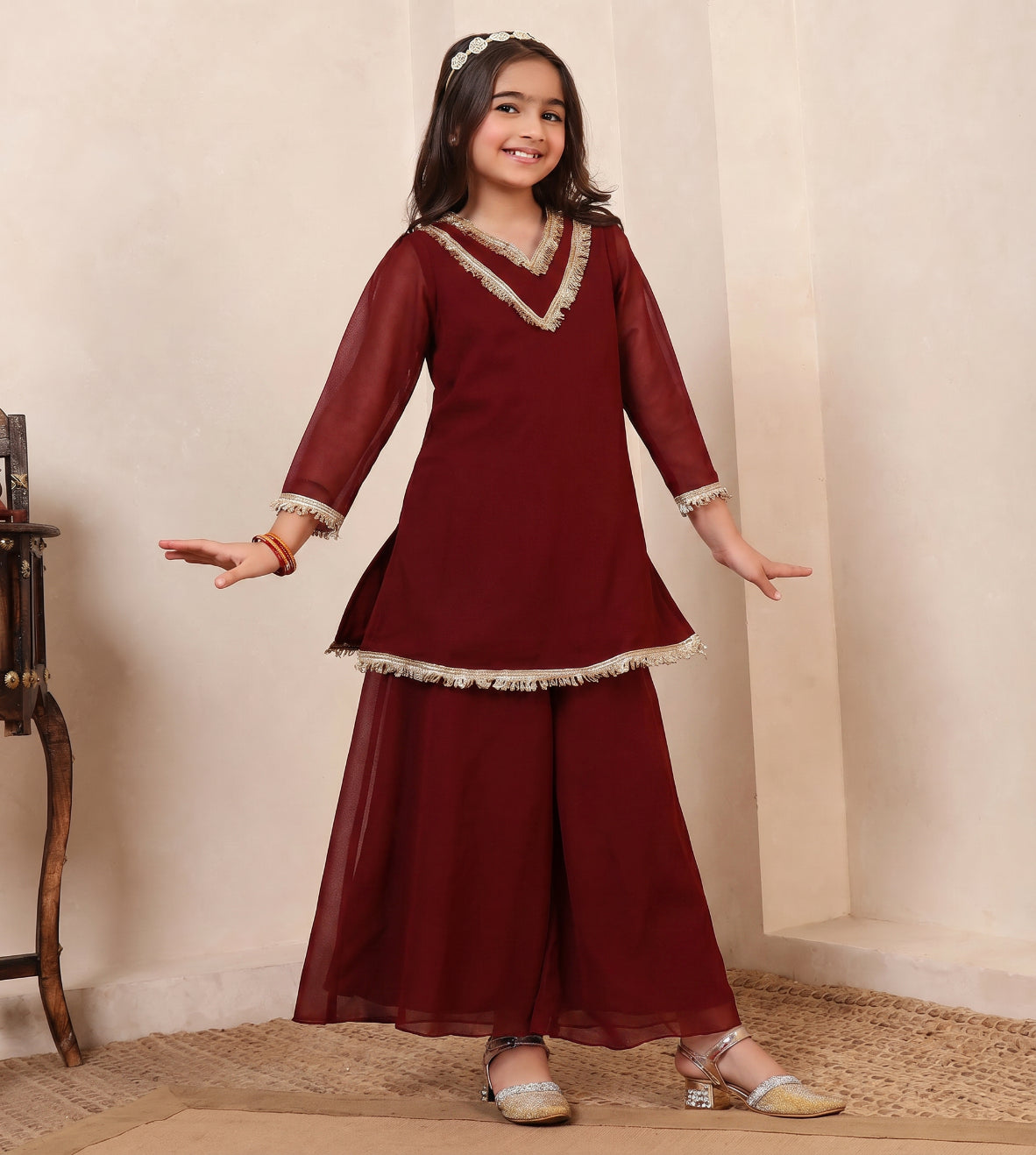 Georgette Maroon 3 Piece Co-Ord Set