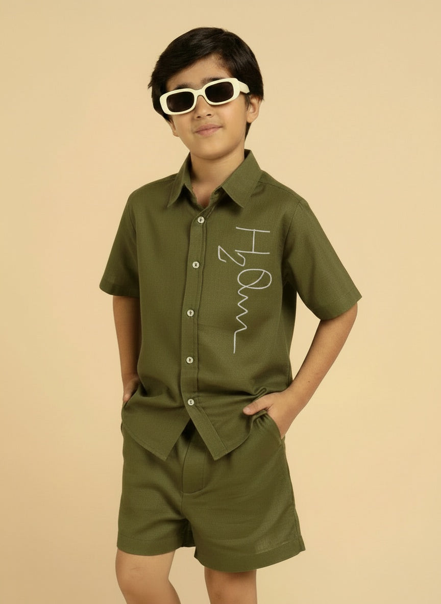 Olive Green Cotton Shirt Collar Solid Green Cotton Shirt With Shorts
