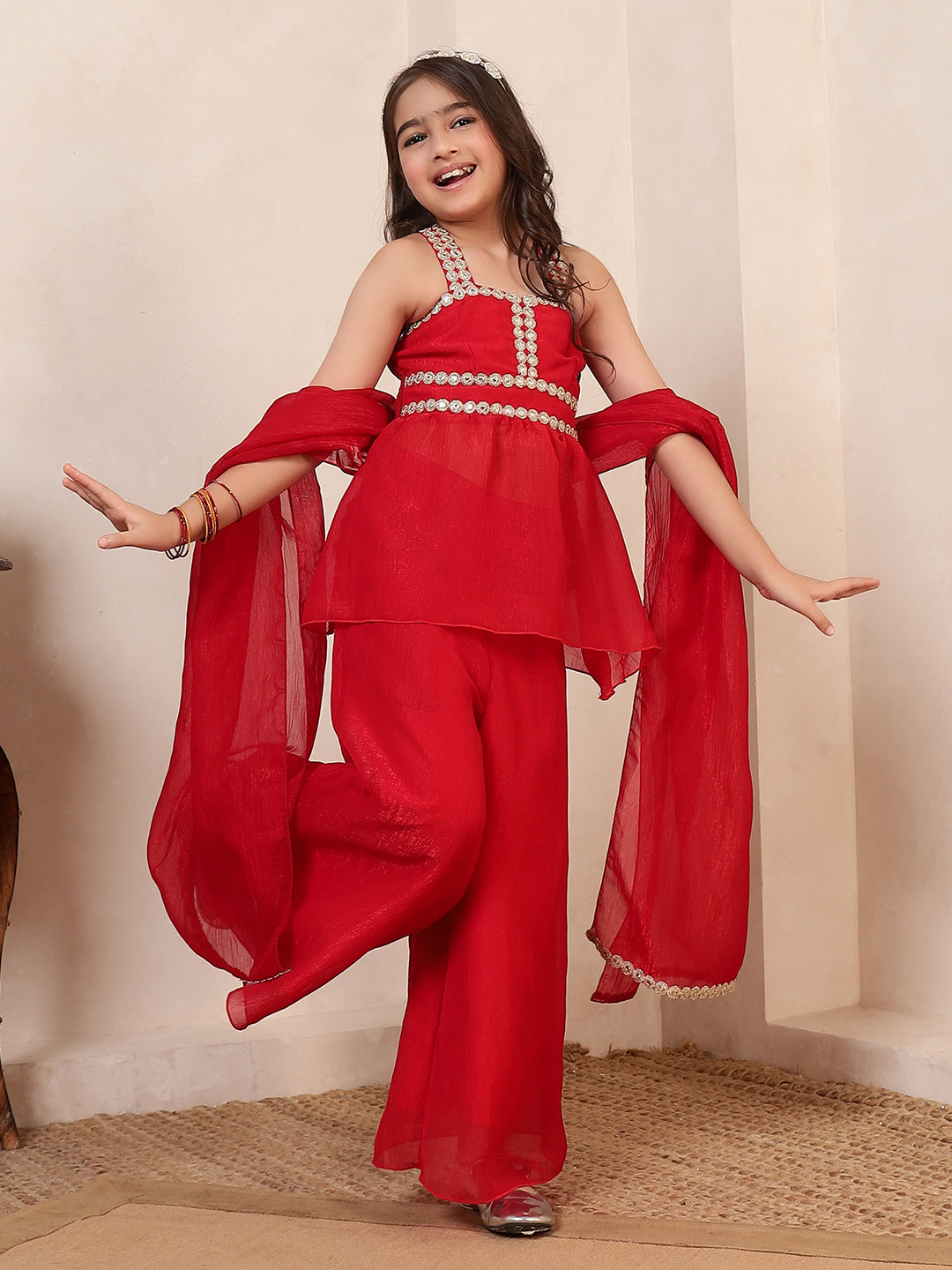 Red Shimmer Peplum Top & Palazzos With Dupatta Fusion Co-Ord Set