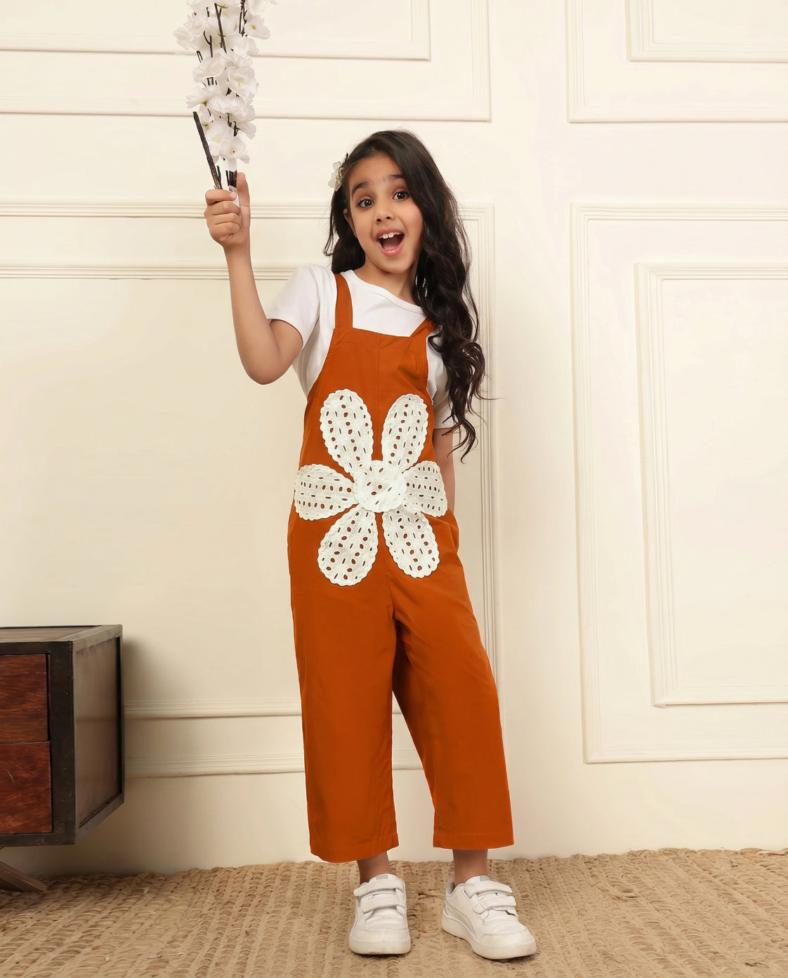 Tan Big Flower Patch Girls' Jumpsuit (T-shirt not included)