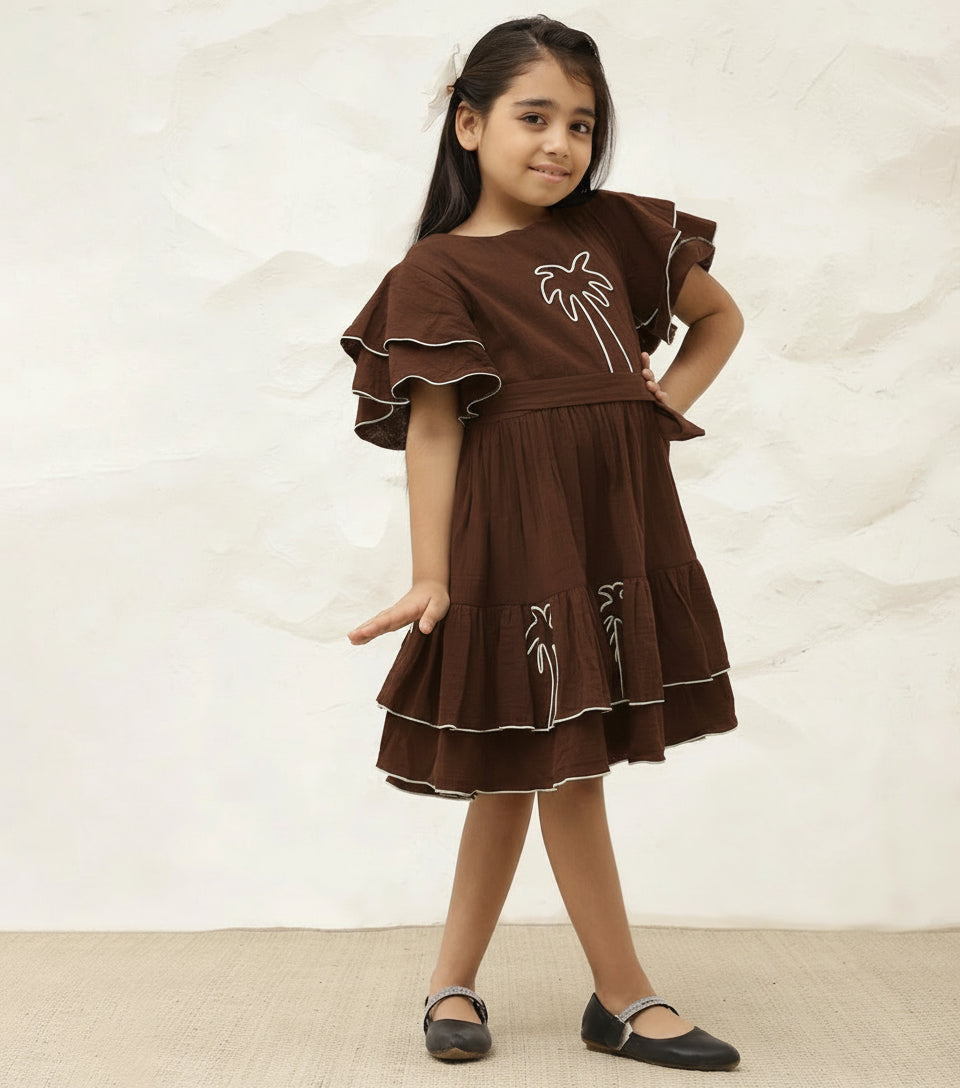 Embroidered Palm Motif Pure Cotton Dark Brown Dress For Girls
