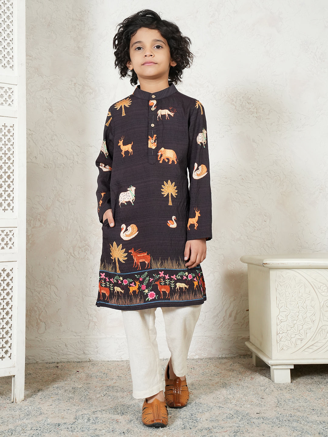 Animal Print Charcoal Black Kurta For Boys