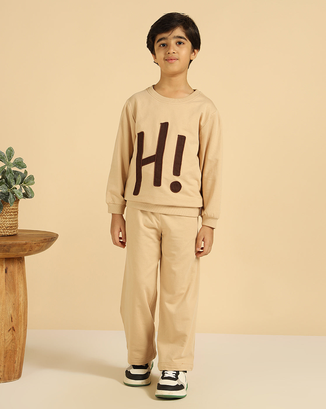 Pure Cotton Beige Patch Work Boys Co-Ord Set